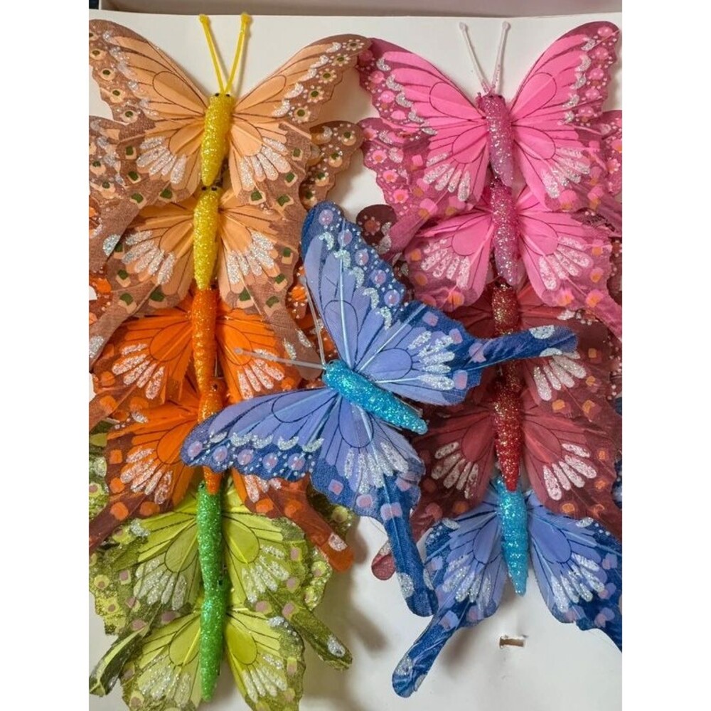 12 Glitter Moontail Butterflies Blue, Yellow, Orange & Green